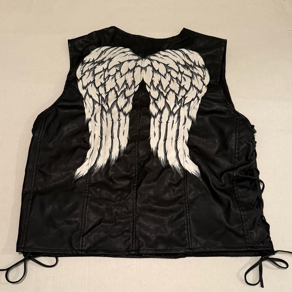 Daryl Dixon Walking Dead Black Leather Vest w/ White Angel Wings + Ear Necklace